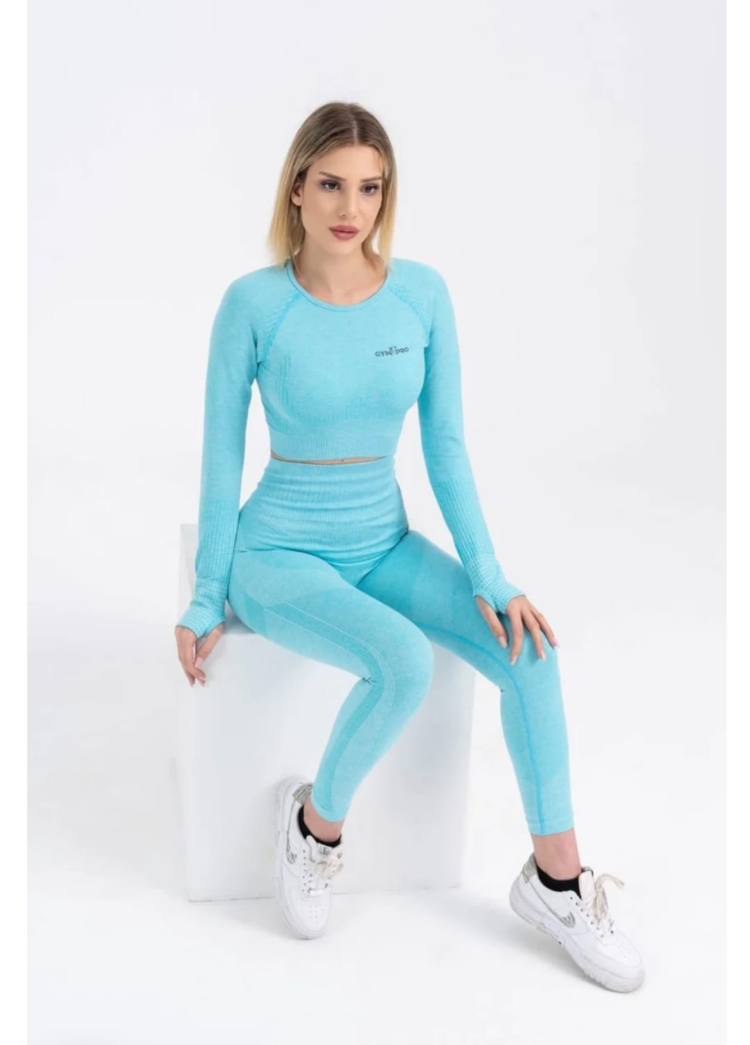 seamless powder blue push up high waist leggings set