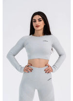 Light Grey Seamless Bra, Long Sleeve Crop & High-Waist 8/9 Leggings Set - Sculpting Fit and All-Day Comfort